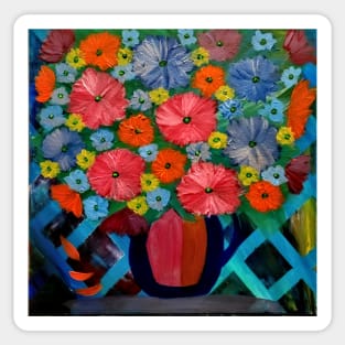 Colorblock layered background and mixed flowers in Bright colors in a vase Sticker